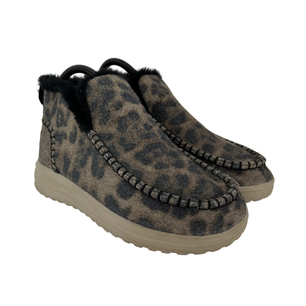 Hey Dude Denny Leo Boots Womens Size 6 Beige Leopard Faux Fur Ankle Booties